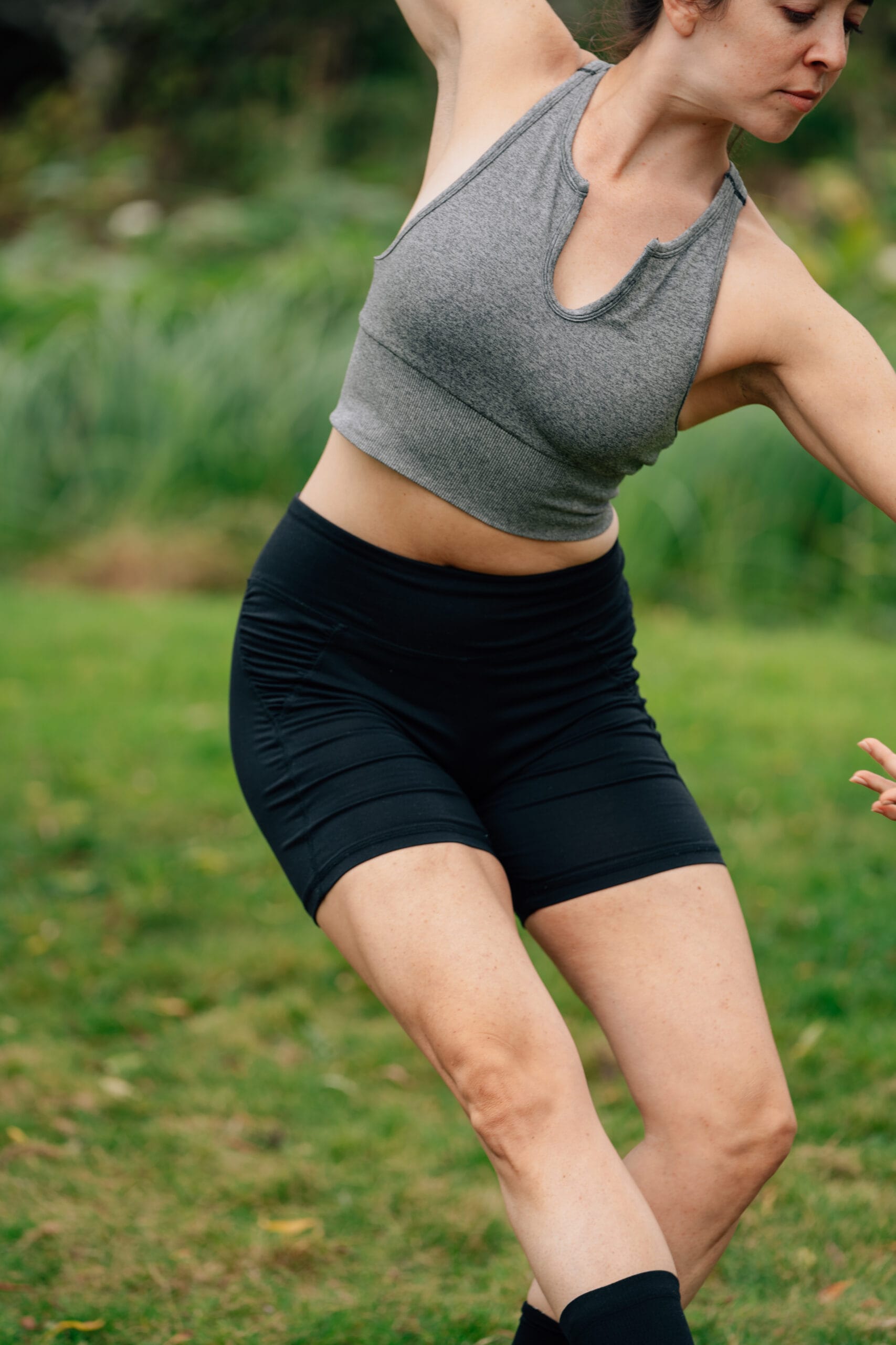 woman dancing outside close up