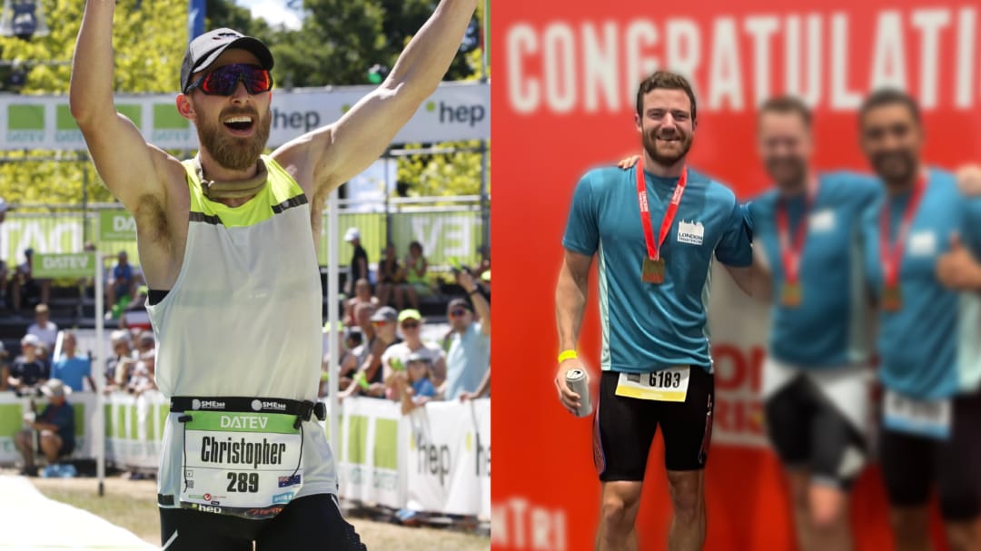 Man in running marathon with arms up and man in a group photo with medal